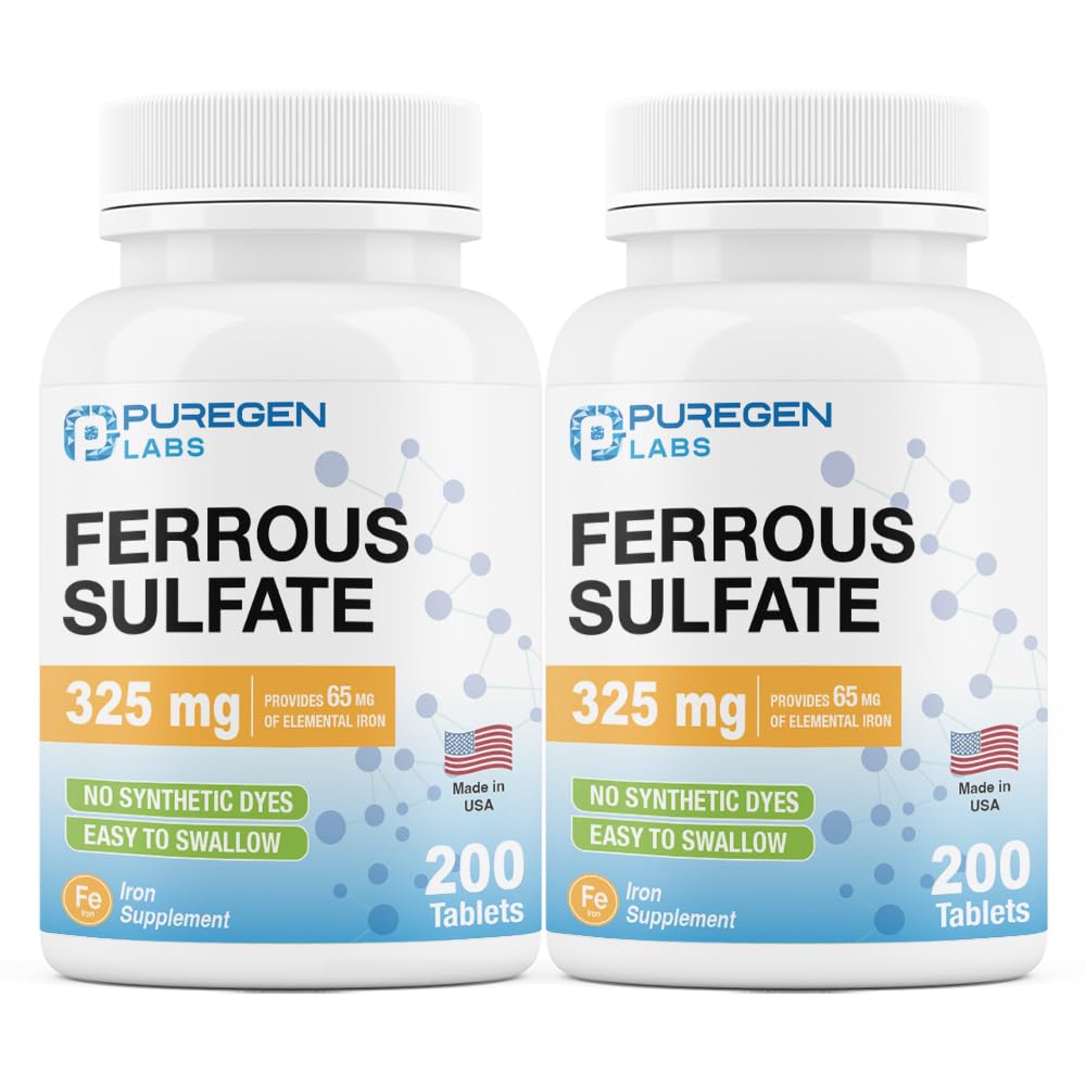 Puregen Labs Ferrous Sulfate 325 mg (65 mg Elemental Iron) High Potency Iron Supplement | No Artificial Color Additives - Total 400 Tablets Made in USA