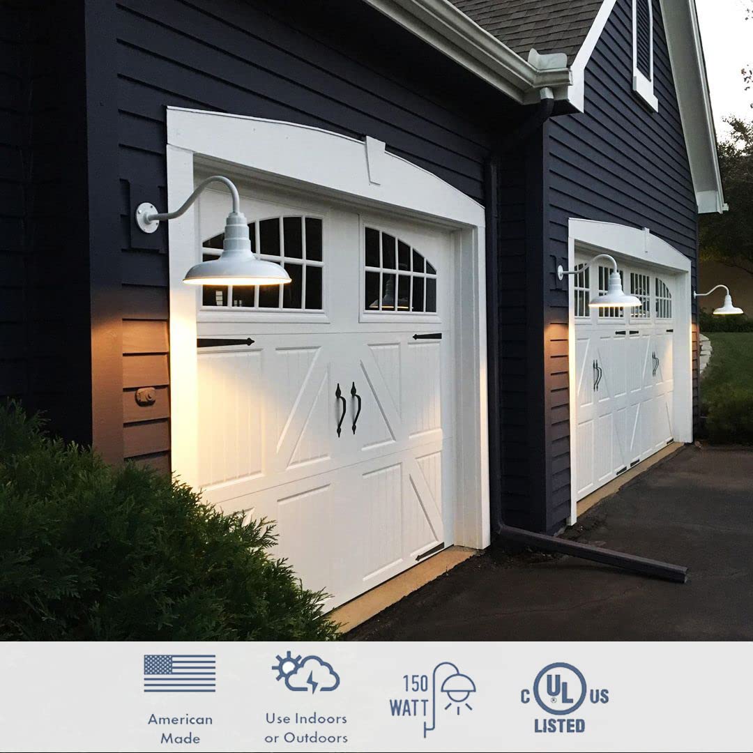 Steel Lighting Co. Topanga Barn Light | Outdoor Wall Mounted | Farmhouse Garage Light Made in America | 14 inch Dome | 11 inch Gooseneck | Matte Black Exterior/White Interior
