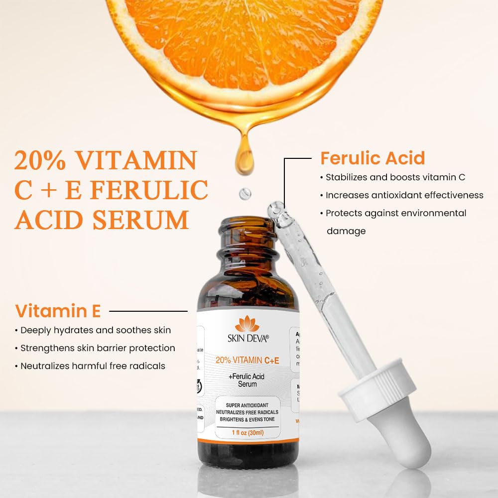 SKIN DEVA 20% Vitamin C Serum for Face with Vitamin E Plus Ferulic Acid Skincare Water Based 1 fl oz 30 ML Rejuvenates Skin to Fresh & Neutralizes Free Radicals to Brighten Even Vitamin Serum