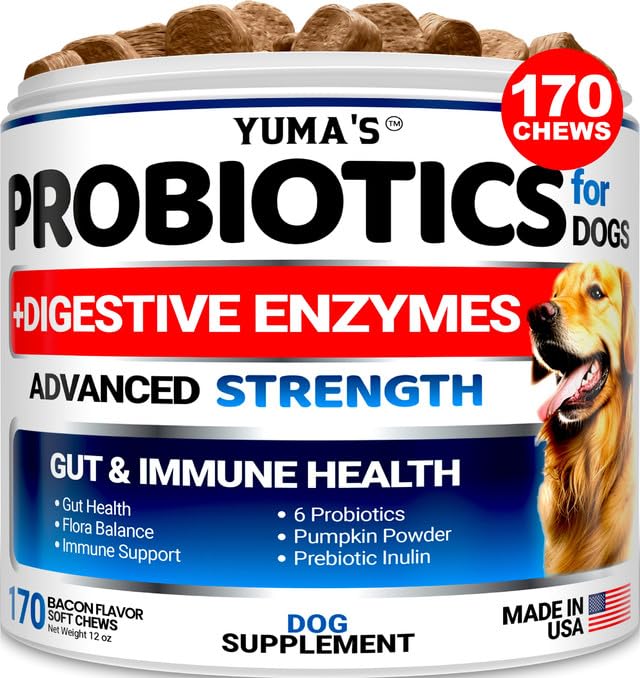 Probiotics for Dogs and Digestive Enzymes - Dog Probiotic - Anti Diarrhea, Upset Stomach & Gas Relief, Canine Prebiotic - Pet Fiber Supplement - Bacon Flavor