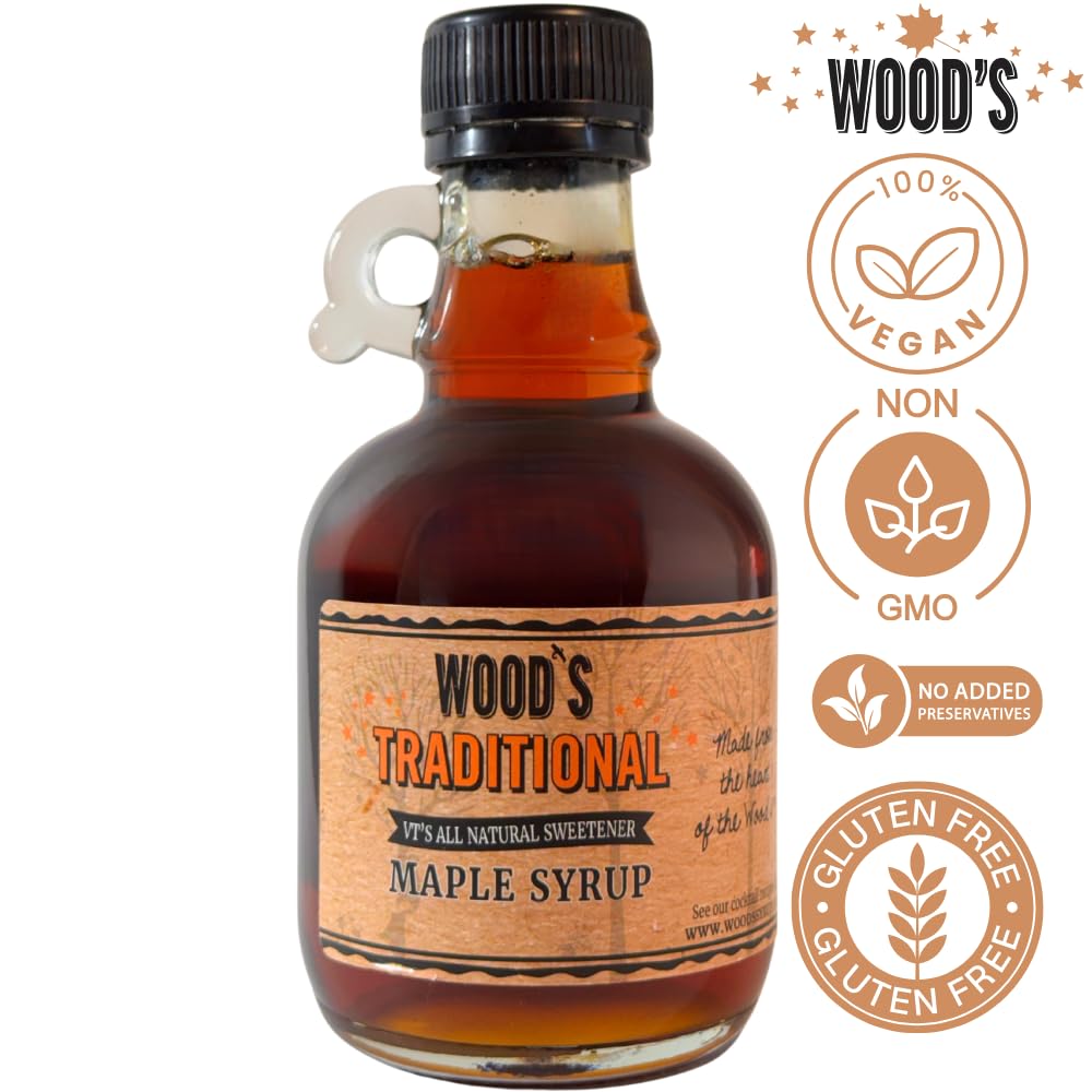 WOOD'S Vermont Maple Syrup – Traditional 100% Pure Maple Syrup | Small-Batch, Vegan Natural Sweetener | Grade A, Robust Taste | Perfect for Pancakes, Coffee, Cocktails & More | 8.45 Fl Oz (250mL)
