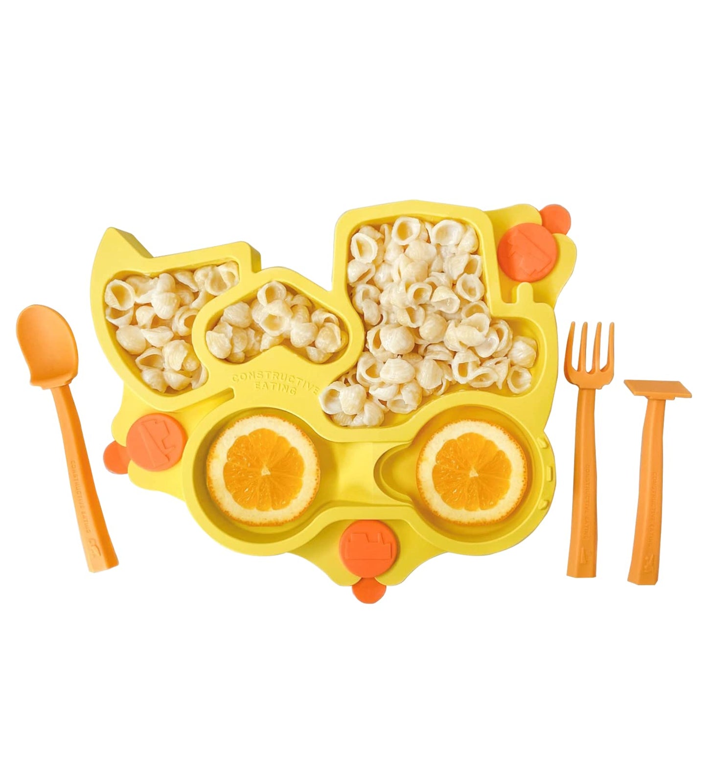 Constructive Eating Plate Made in USA | Constructive Baby | Kids Dinnerware Set, Yellow Truck Plate | Divided Suction Plates for Toddlers – Made with Materials Tested for Safety