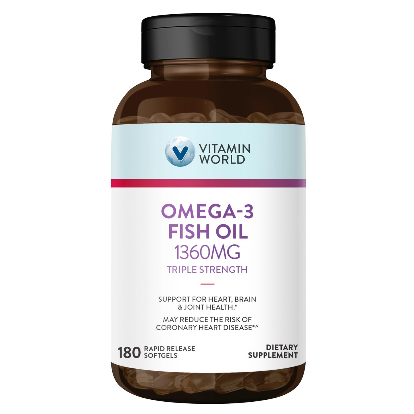 Vitamin World Triple Strength Omega 3 Fish Oil 1360 mg Supplement, 950 mg Active Omega-3 Fatty Acids with EPA & DHA, Supports Heart, Brain & Joint Health, Gluten Free, 180 Softgels, 6 Months Supply