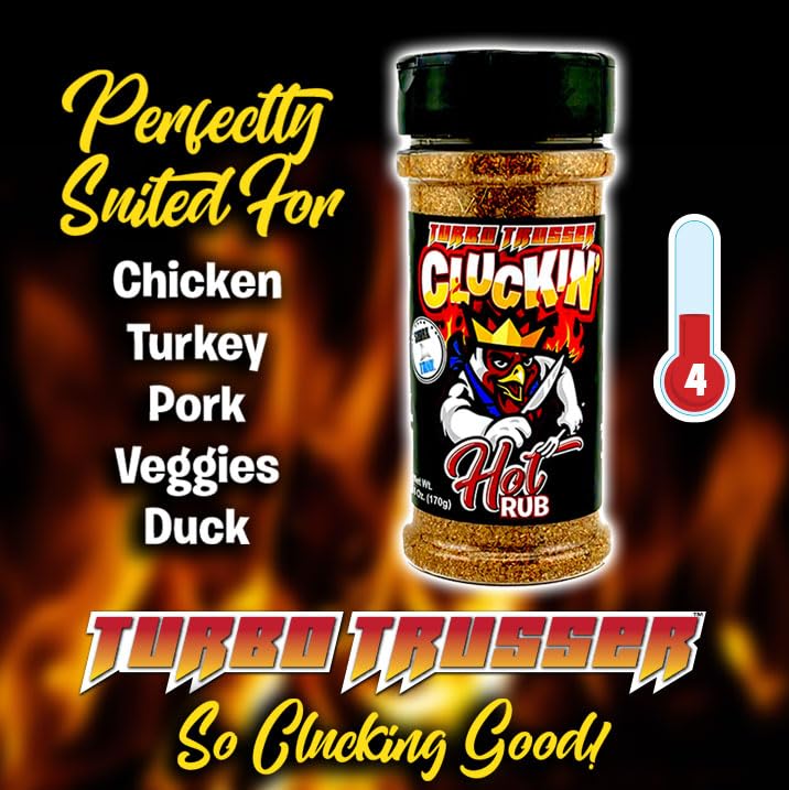 Turbo Trusser | Cluckin' Hot Rub | For Chicken, Turkey, Duck, Pork & Veggies | Perfect Blend of Smooth Heat & Flavor | Made in the USA | 6 Oz