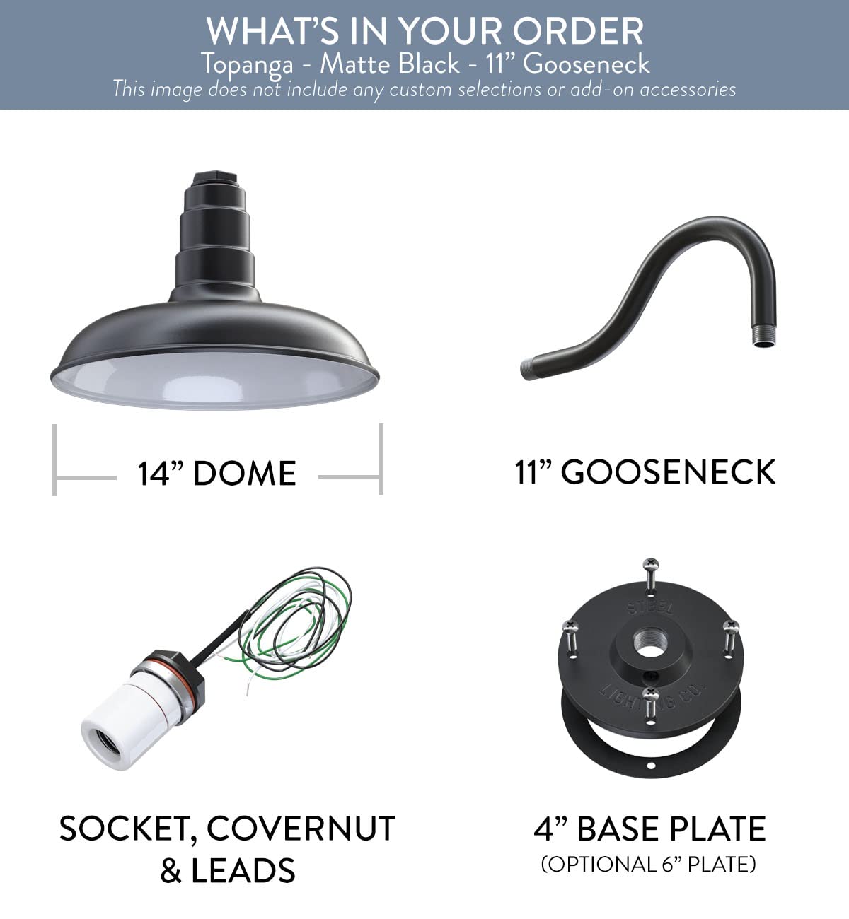 Steel Lighting Co. Topanga Barn Light | Outdoor Wall Mounted | Farmhouse Garage Light Made in America | 14 inch Dome | 11 inch Gooseneck | Matte Black Exterior/White Interior