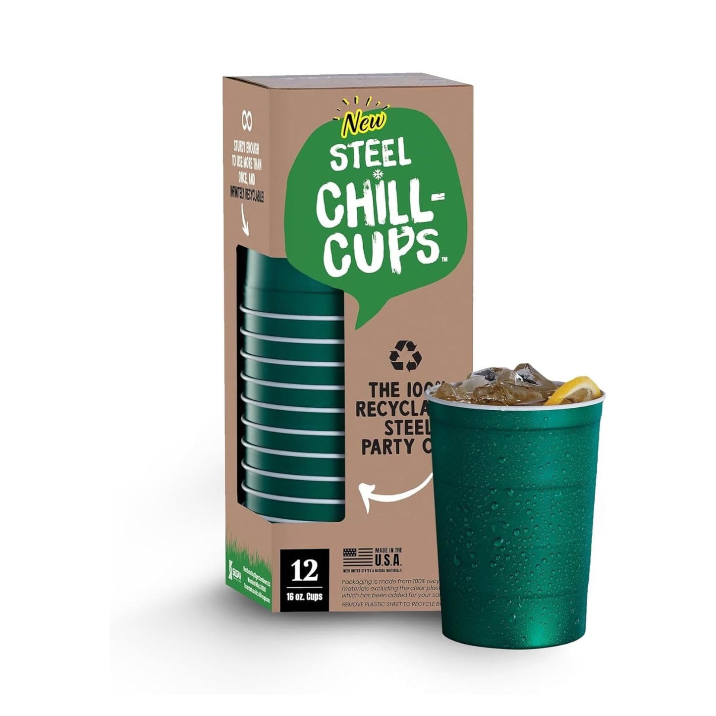 Steel Chill Cups 16 oz. Party Cups, Perfect for Cold Drinks, Sturdy & Durable, Disposable and 100% Recyclable, Made in USA