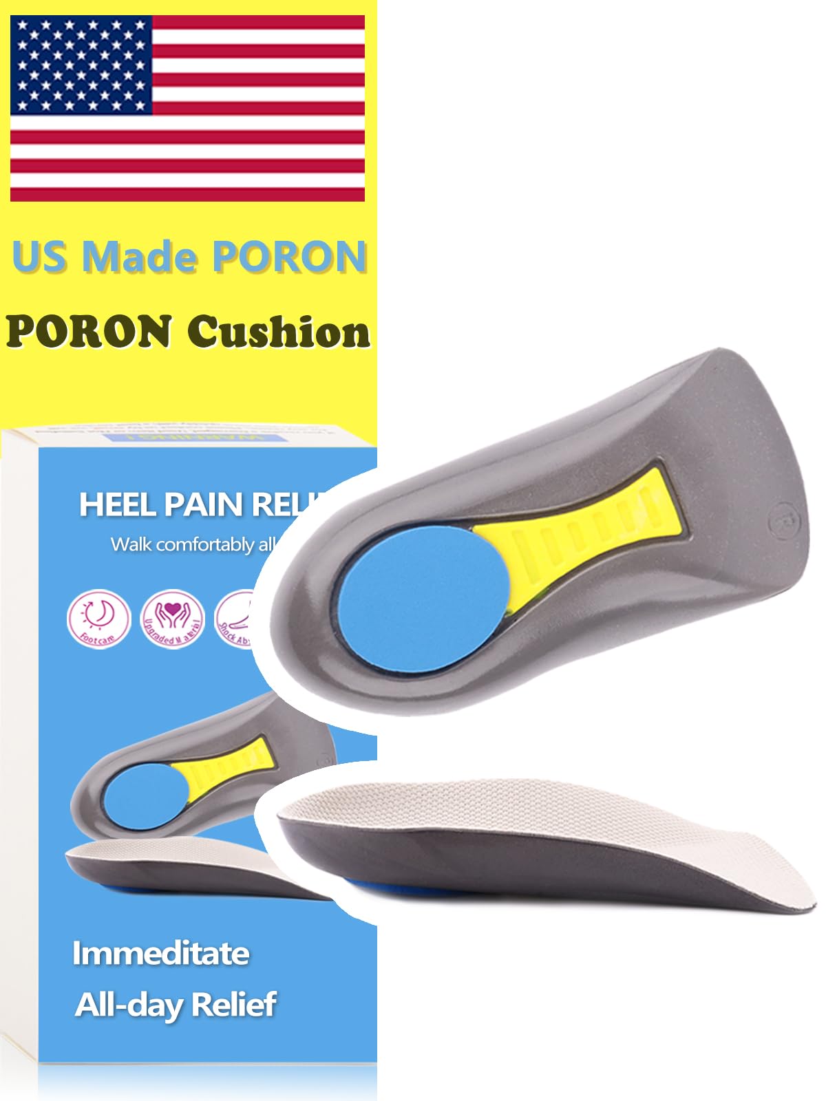 Heel Cup Plantar Fasciitis Inserts Arch Support【PORON Cushion - Made in USA】 Men Women Heel Insoles for Heel Pain (Gray, Women 6-11.5 / Men 4.5-9.5)