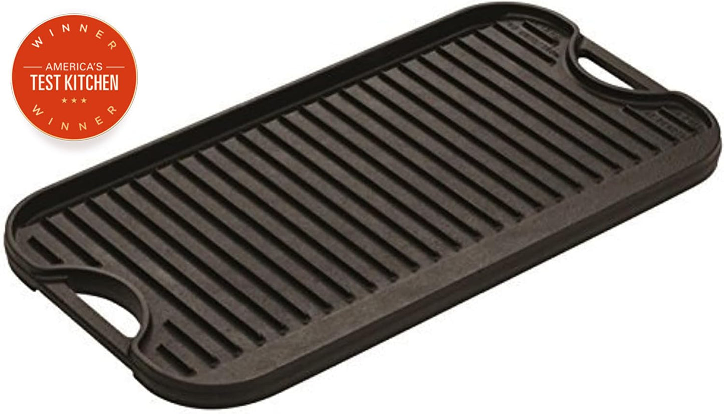 Lodge 20 x 10.44 Inch Pro-Grid Reversible Cast Iron Grill/Griddle – Double Burner Cookware, Pre-Seasoned, Non-Toxic, Made in USA, For Stovetop, Oven, Grill & Campfire