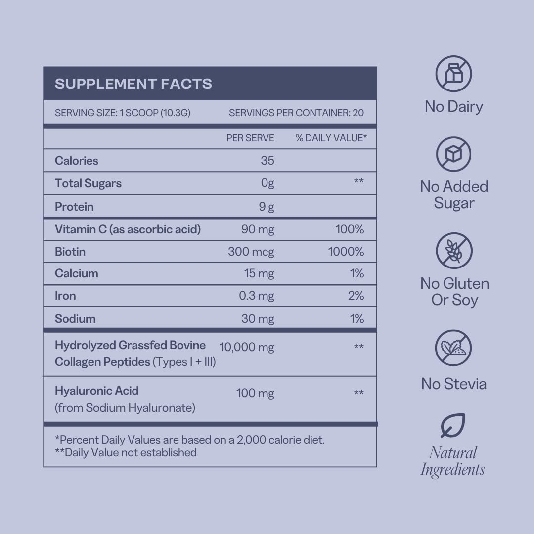 Collagen Powder for Women, Beauty Blend with Vitamin C, Biotin & Hyaluronic Acid, Supports Hair, Skin & Nails, 20 Servings, Grass-Fed Bovine, Unflavored