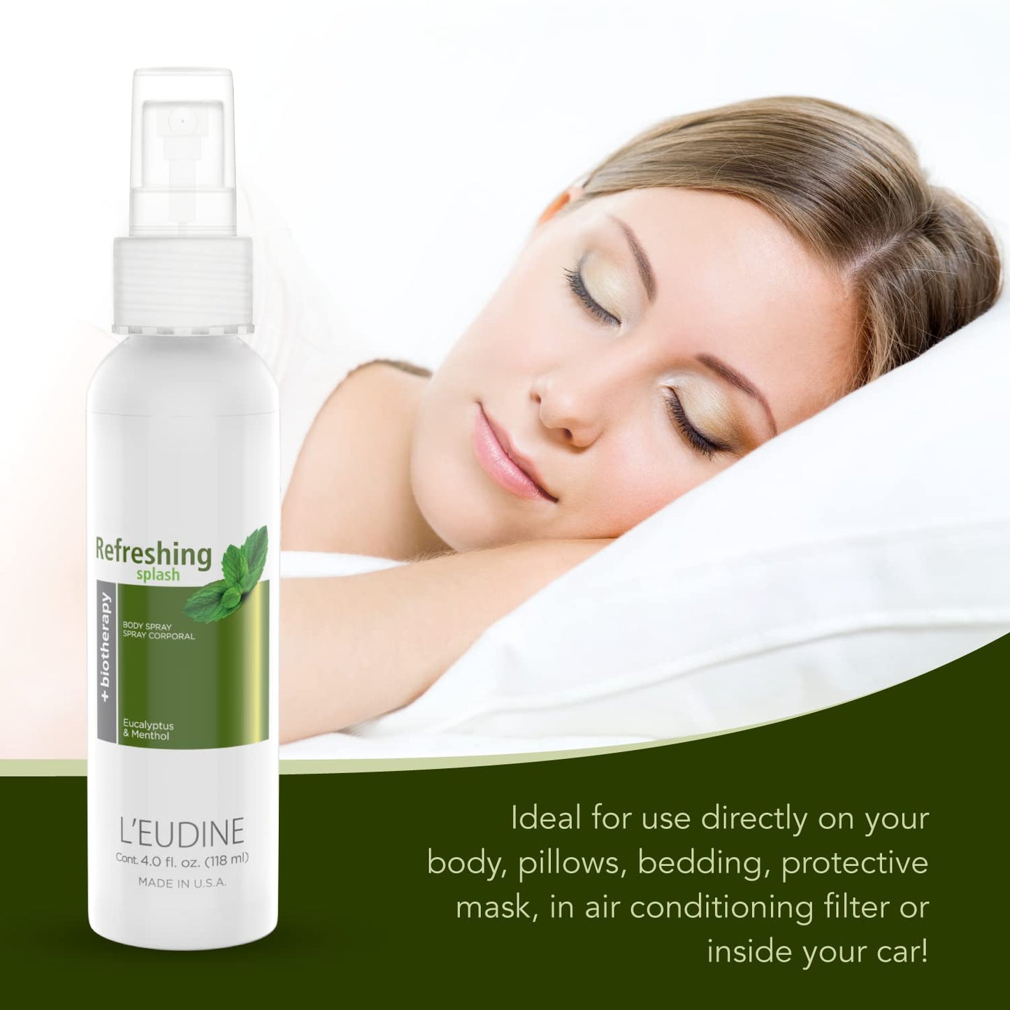 L'EUDINE Refreshing Splash with Eucalyptus Oil, Respiratory Care Body & Room Spray Mint and Aloe Infused, Gentle on The Skin, Multipurpose Small Spaces Air Freshener - 4.0 fl oz