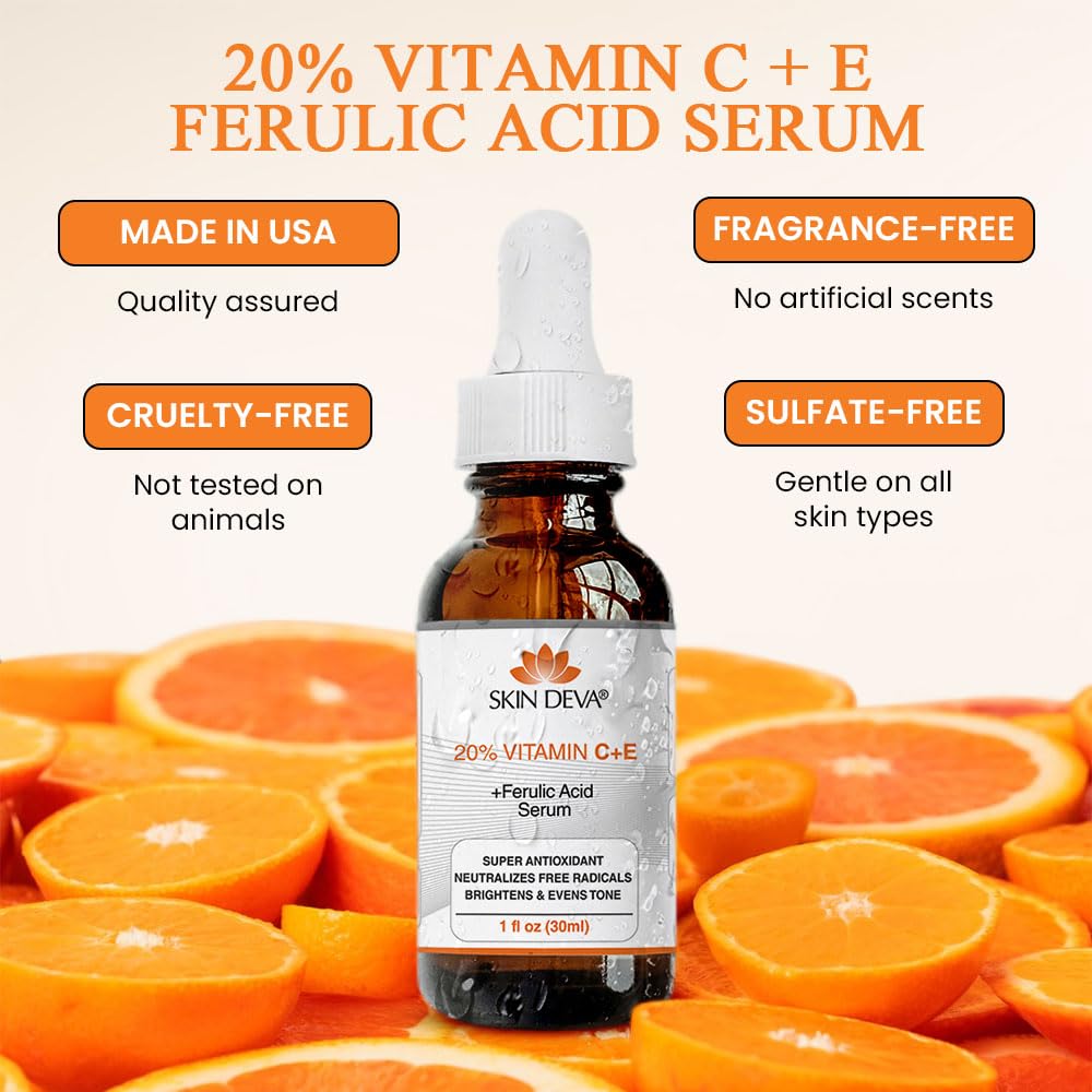 SKIN DEVA 20% Vitamin C Serum for Face with Vitamin E Plus Ferulic Acid Skincare Water Based 1 fl oz 30 ML Rejuvenates Skin to Fresh & Neutralizes Free Radicals to Brighten Even Vitamin Serum