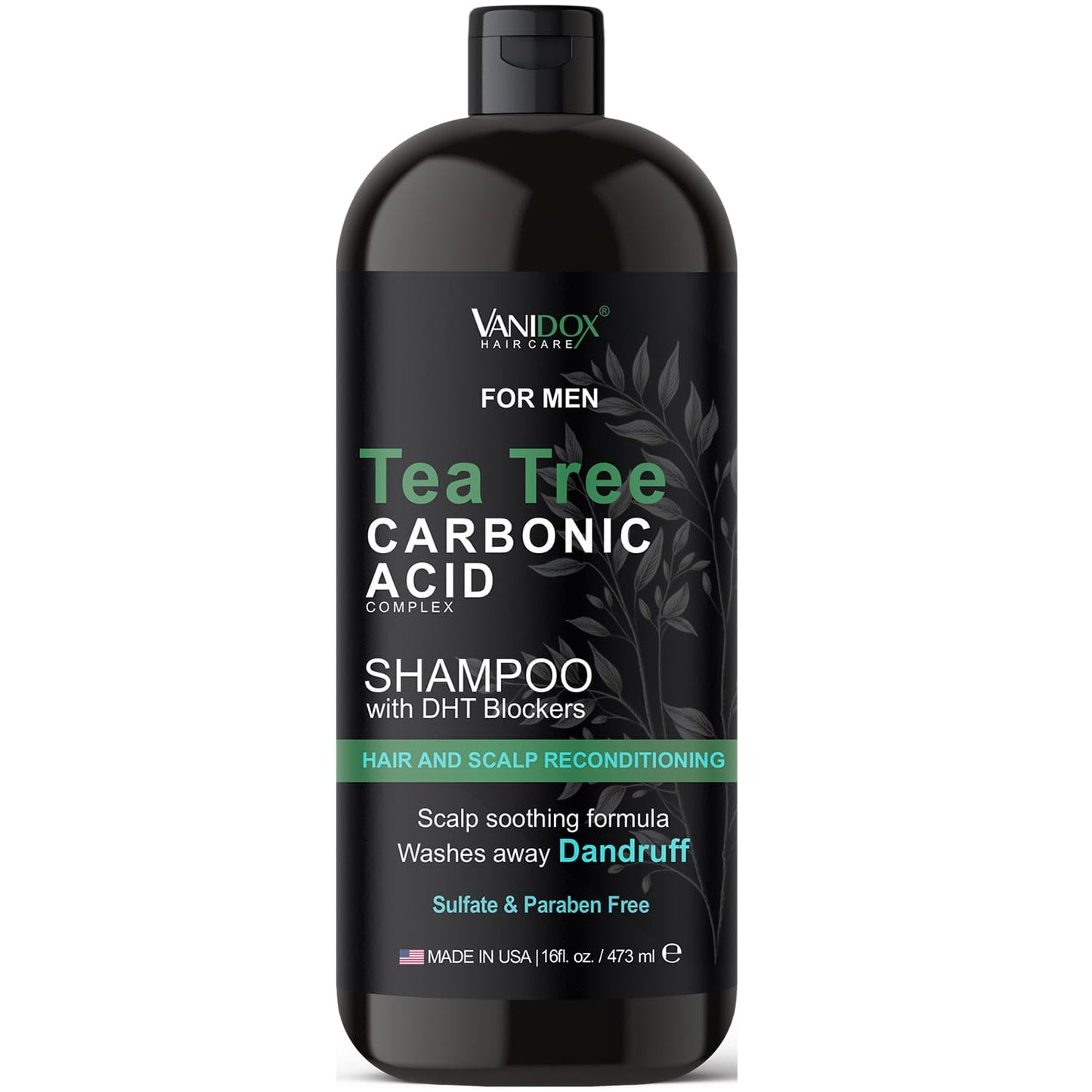 Vanidox Tea Tree Shampoo with Organic Tea Tree Oil and Carbonic Acid - For Men's Itchy and Dry Scalp, Fights Hair Loss, Stimulates Growth - With DHT Blockers (16 FL Oz)
