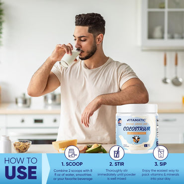Vitamatic Bovine Colostrum Powder - Supplement for Gut Health, Hair Growth, Beauty, Muscle Recovery, & Immune Support - Easy to Mix - 30 Servings (Unflavored) (30 Servings, Unflavored)