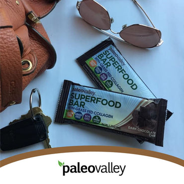 Paleovalley: Superfood Bars with Grass Fed Bone Broth Protein - Dark Chocolate Chip - 12 Bars - All Organic Ingredients with 10 Antioxidant-Rich Superfoods - No Gluten, Grains, Soy or Added Sugar