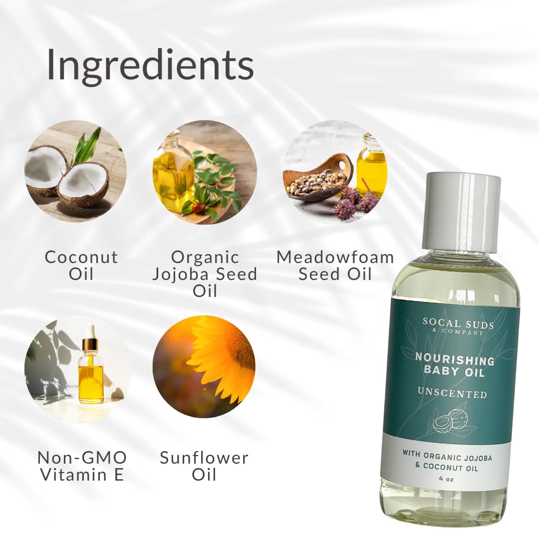 SoCal Suds & Company -Natural & Organic Baby Oil -Newborn Essentials -Gentle Moisturizing Nourishing Oil for Delicate Tender Skin -Vitamin-Enriched with Jojoba and Sunflower Oils - Fragrance Free, 4oz