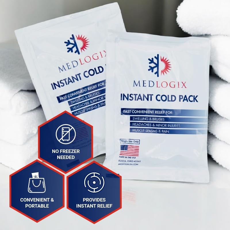 Medlogix Instant Cold Packs | Made in USA | Non-Toxic | 24 Pack 5"x7" | Disposable Ice Cold Compress for First Aid, Pain Relief, Swelling, Hot Flashes, Toothaches, Migraines, Insect Bites