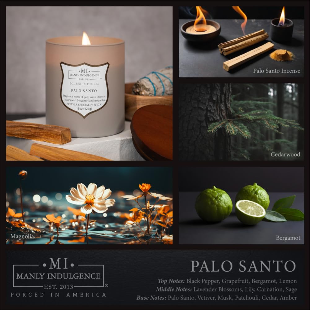 Manly Indulgence Palo Santo Scented Candles for Men, 15 oz Wooden Wick, Fathers Day Candle, 60H Burn, Candles for Home Scented - Made in The USA