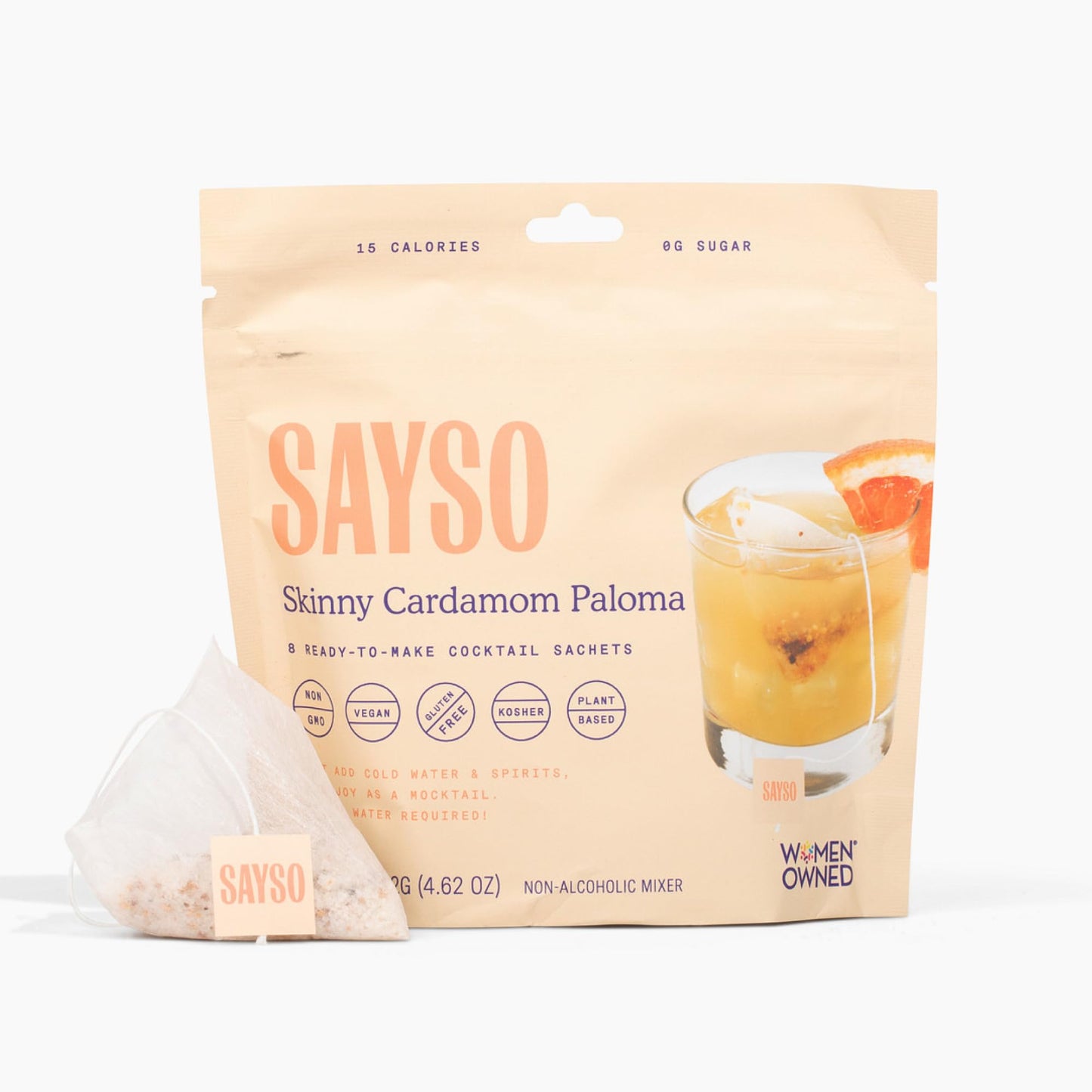 SAYSO Skinny Cardamom Paloma | The Original Craft Cocktail Tea Bag Mixer | Organic, Certified Gluten-free, Non-GMO |< 15 Cal, 0g Sugar, Steep in Cold Water & Spirits, For a Perfect Mocktail, 8 count