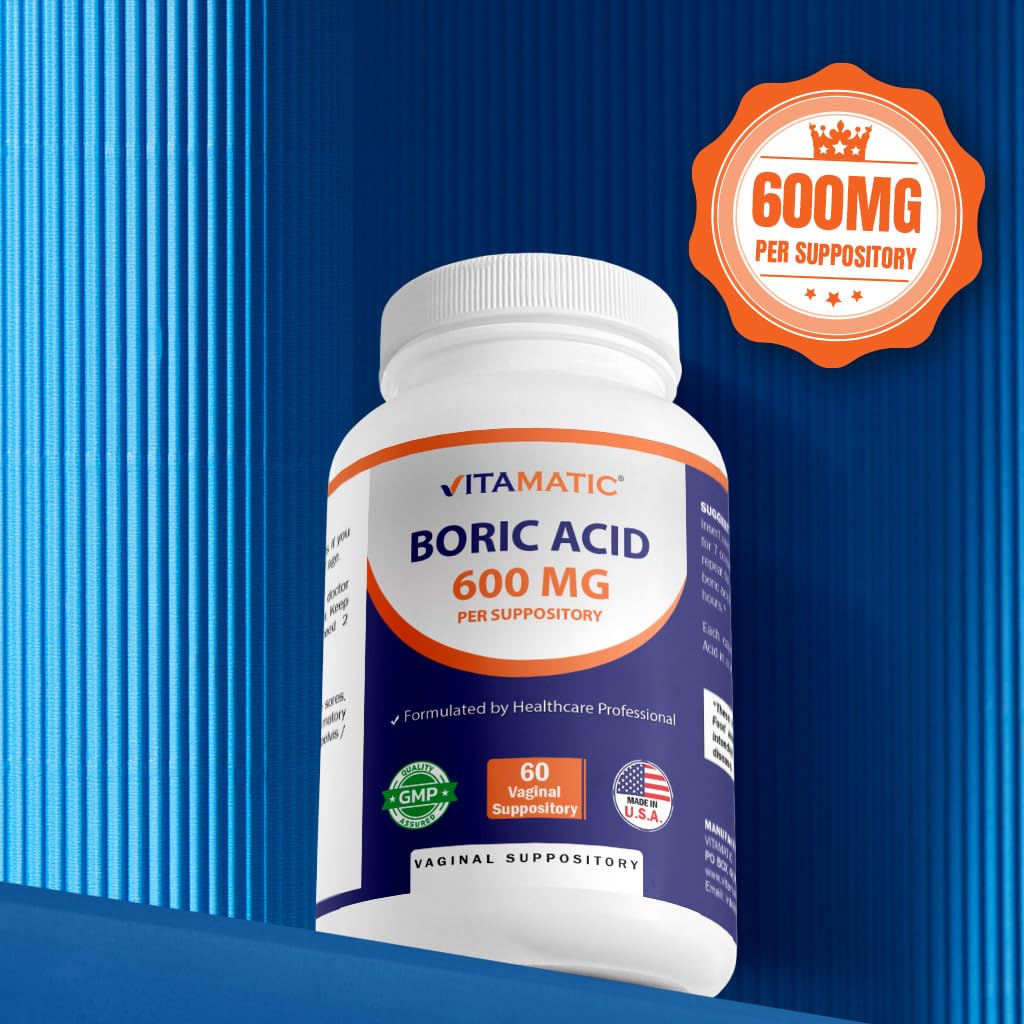 Vitamatic Boric Acid Vaginal Capsule Shell Suppositories 600 mg USP Grade Boric Acid in Vegetarian Capsule Shell - 60 Count