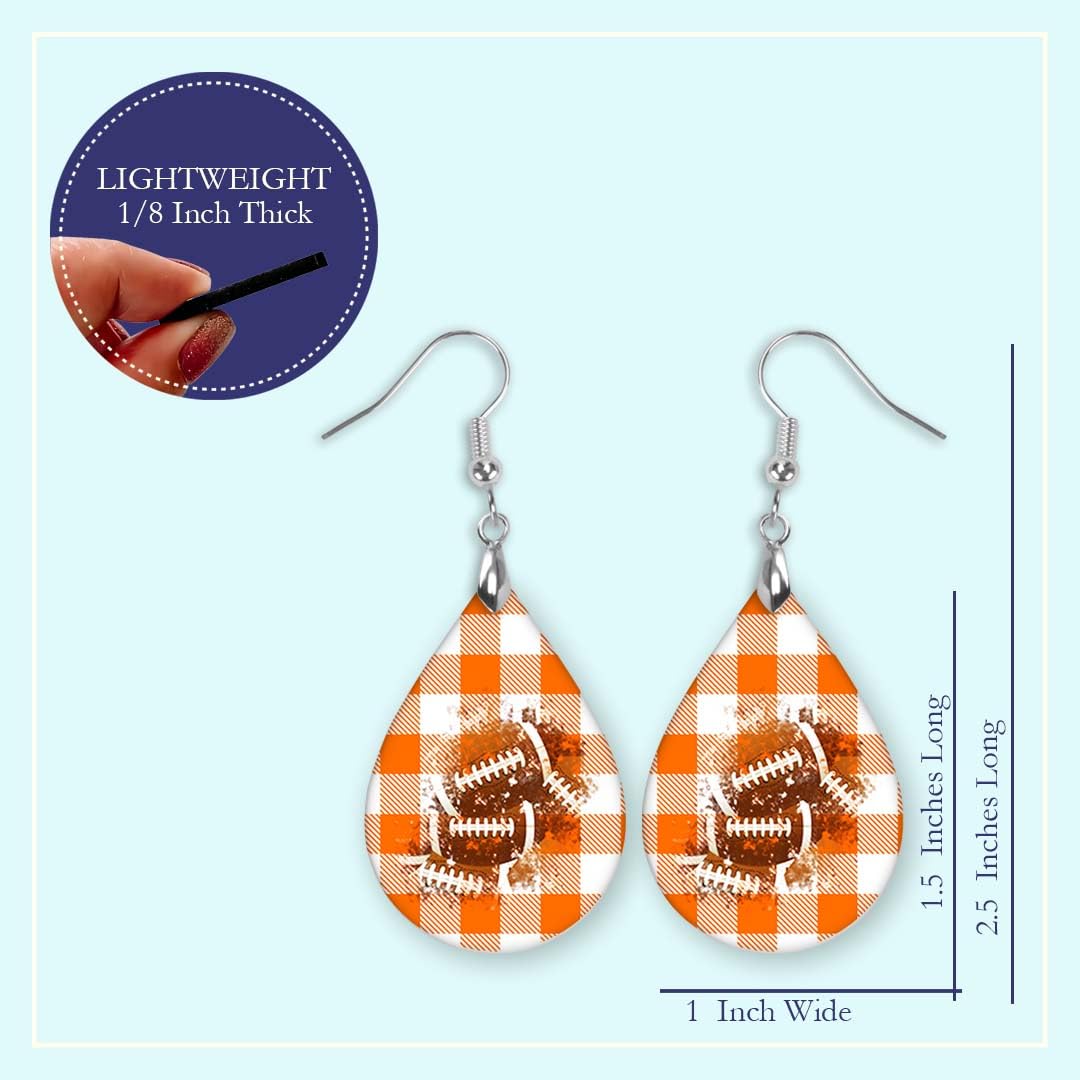 Football Earrings Orange & White Checkerboard Plaid Dangle Teardrop MDF Sports School Team Spirit Fan Jewelry Gift for Women Handmade by The Painted Pug (Orange Checkerboard)