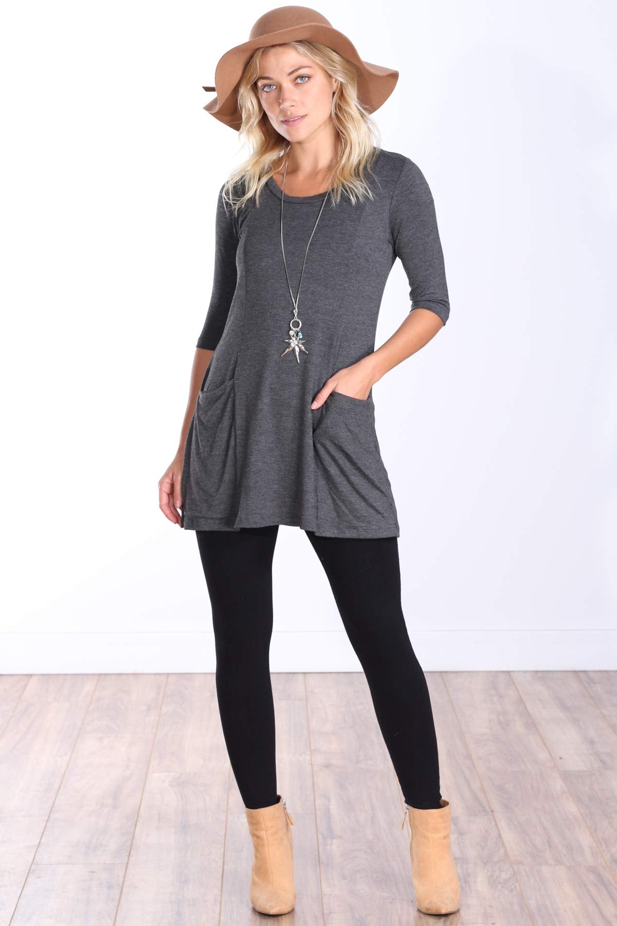Popana Womens 3/4 Sleeve Tunic Top With Pockets for Leggings Made In USA Charcoal