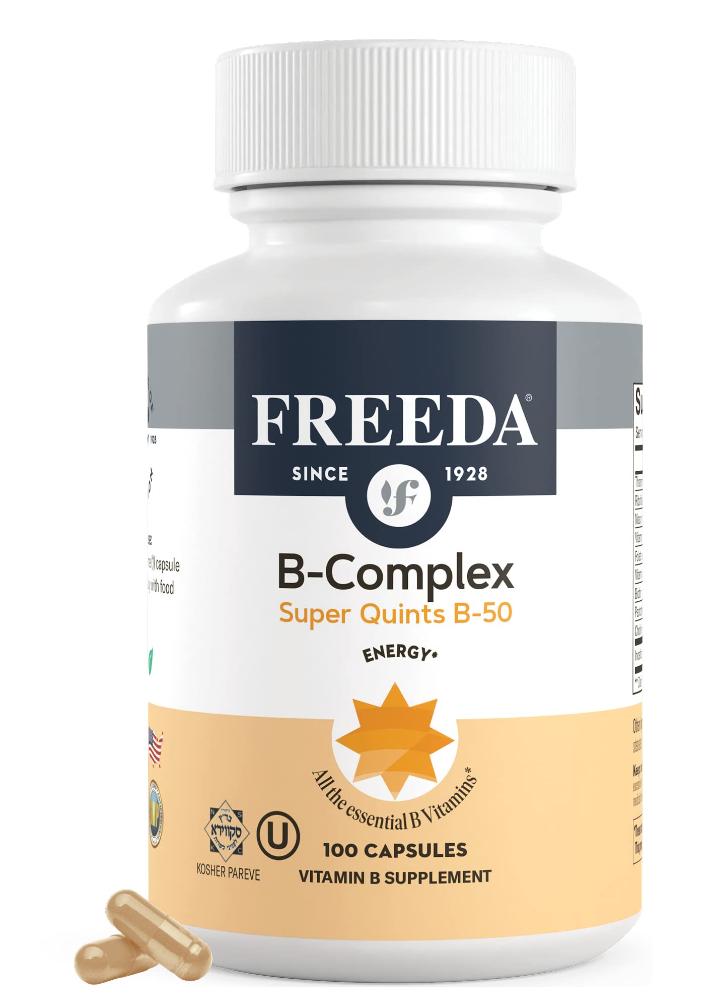 FREEDA Vitamin B Complex - Super Quints B-50 - Kosher Super B Complex Vitamin Supplement for Women & Men with Vitamin B1 Vitamin B2 Vitamin B3 Vitamin B6 Vitamin B12 Plus Folic Acid (100 Capsules)