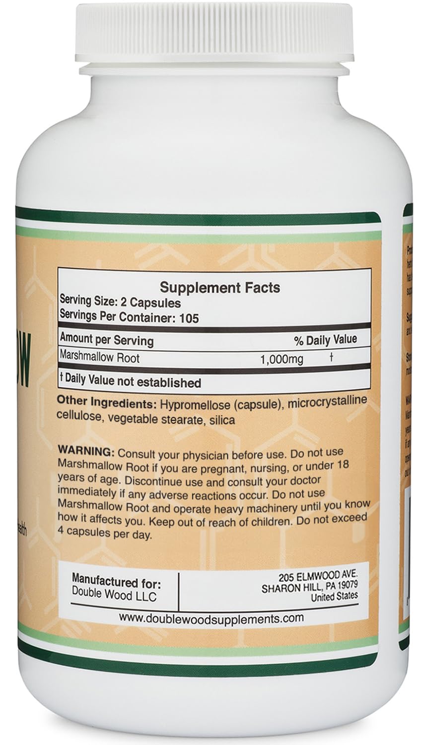 Marshmallow Root Capsules (210 Count, 1,000mg per Serving) High in Mucilage to Support Respiratory, Skin and Gut Repair (Vegan Safe, Gluten Free) by Double Wood
