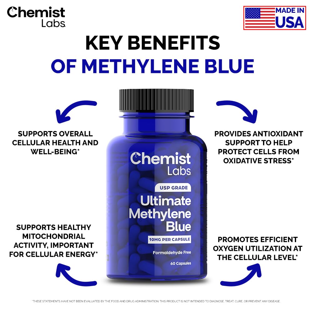 Chemist Labs Methylene Blue Capsules for Humans - USP Grade 99% Purity, Methylene Blue Pharmaceutical Grade, Third Party Tested, Supports Cellular & Mitochondrial Function, Made in USA, 60 Count