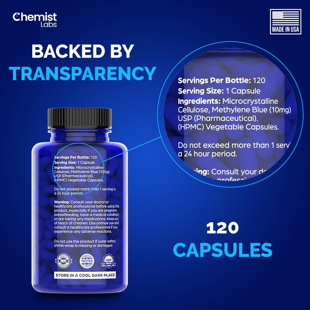 Chemist Labs Methylene Blue | 10mg USP Grade Capsules | 120 Count | Pharmaceutical Grade | Cellular & Mitochondrial Support | Formaldehyde Free | Made in USA (120 Capsules)
