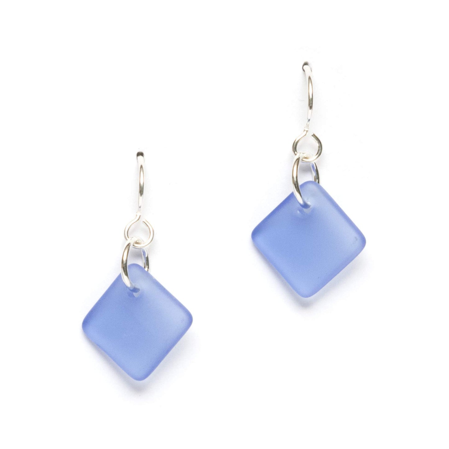 Delicate Diamond Sea Glass Earrings (Cornflower) Beach Glass Earrings for Women by EcoSeaCo, using sustainable, recycled and repurposed material. Handmade Jewelry in the USA