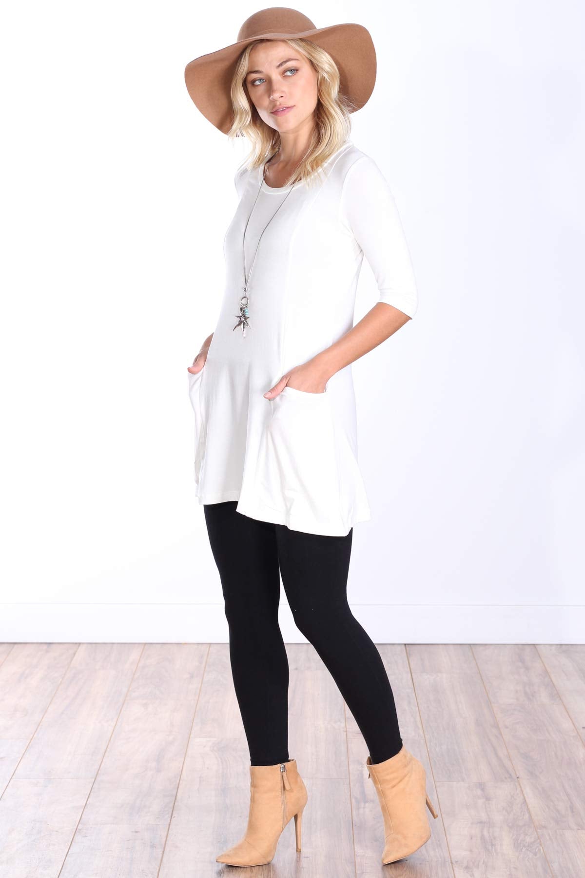 Popana Womens 3/4 Sleeve Tunic Top With Pockets for Leggings Made In USA Pearl