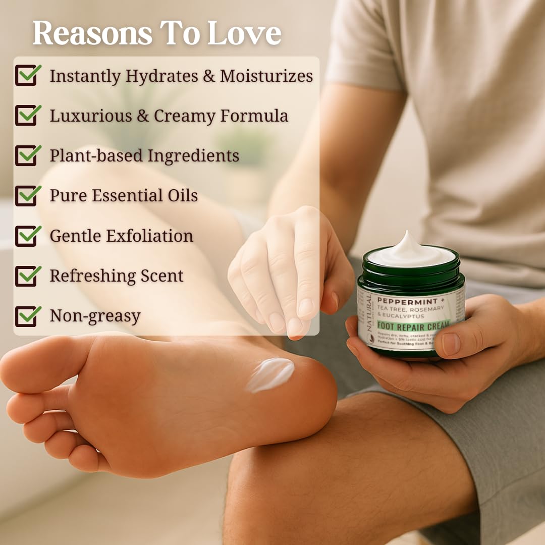 Natural Escapes Peppermint + Rosemary, Eucalyptus & Tea Tree Foot Cream for Dry Cracked Heels and Feet - Moisturizing Foot Lotion for Cracked Heel Repair - Callus Remover with Lactic Acid (4 oz)