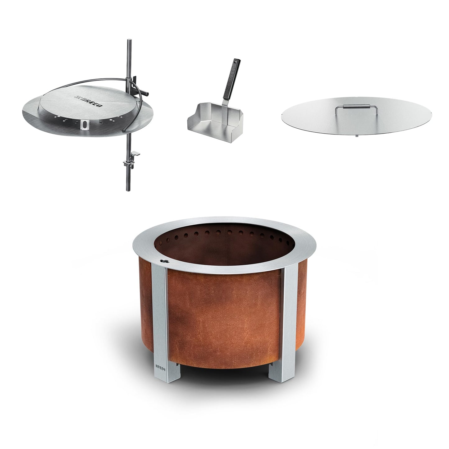 Breeo Smokeless FIrePit Warmth Bundle (X Series 24 Corten Steel, Heat Deflector, Ash Shovel, & Lid) | 27.5 inch Smokeless Fire Pit for Outside | Ideal for Families