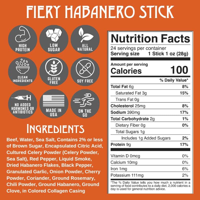 Righteous Felon Meat Sticks | 100% Beef Sticks | Gluten Free & Keto Meat Sticks | Low Sugar & High Protein Beef Sticks | Healthy Snack for Adults | Jerky Gifts for Men | Fiery Habanero, 10 Pack