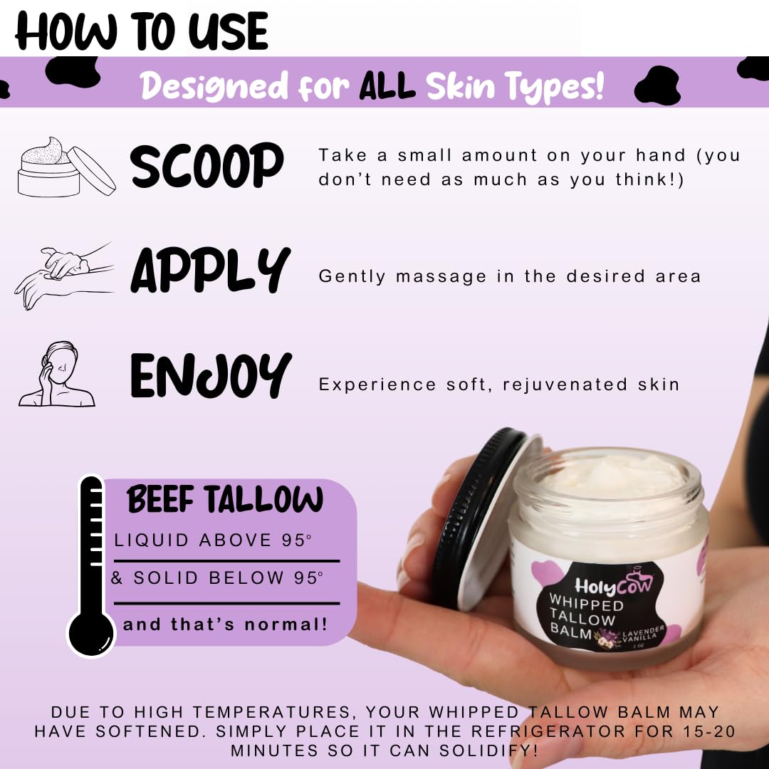 HolyCow Beef Tallow For Skin - Whipped Tallow Balm with Organic Jojoba Oil, Grass Fed Beef Tallow Face Moisturizer for Eczema, Baby, Lip Balm - Lotion For Extremely Dry Skin (Lavender Vanilla)