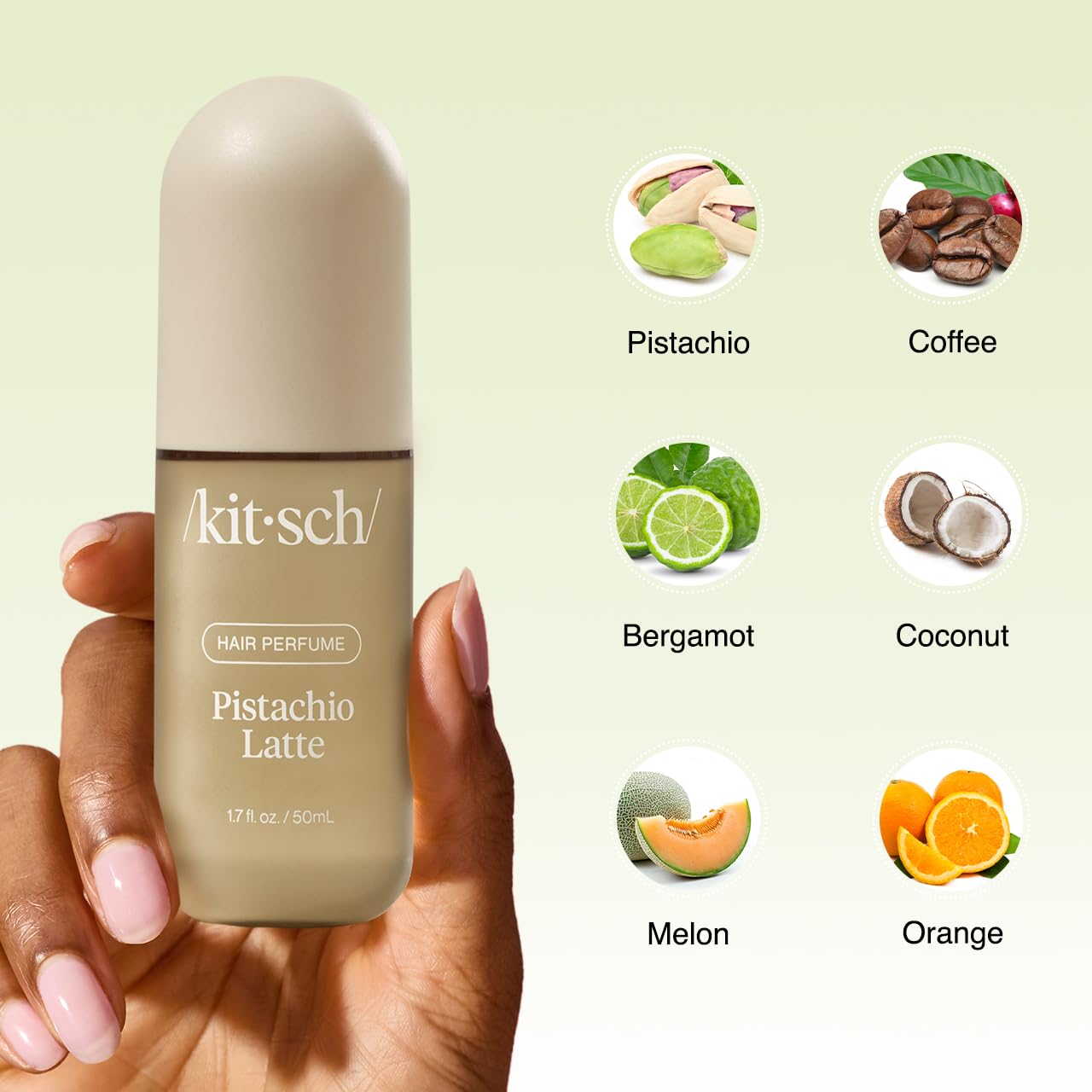 Kitsch Pistachio Latte Hair Perfume for Women - Hair Spray & Body Mist - Clean, Deodorizing & Patented Odor-Eliminating Technology - Freshen Hair, Body & Pillows - Coconut & Warm Coffee Scent - 50ml