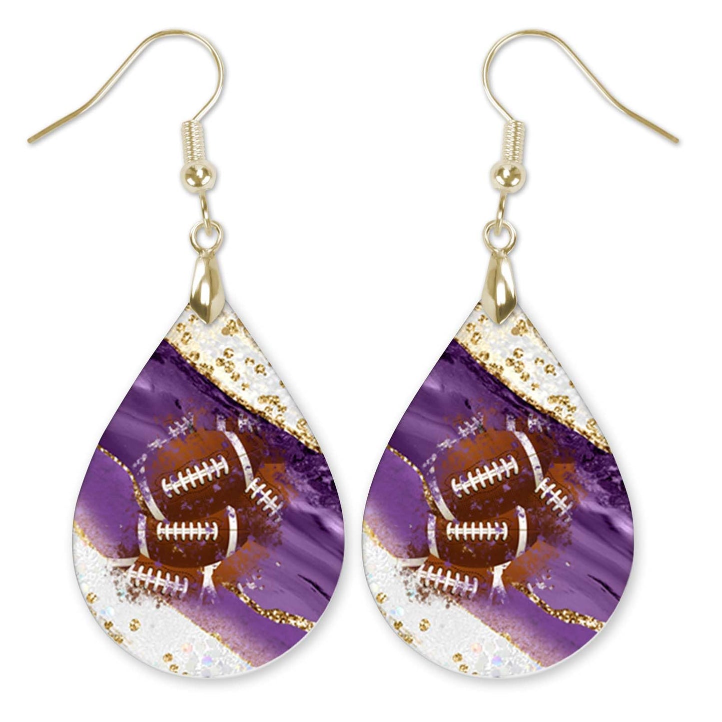 Purple White Gold Football Earrings Dangle Teardrop MDF Wood Sports School Team Spirit Fan Jewelry Gift for Women Mother's Day Handmade by The Painted Pug (Purple White Gold)