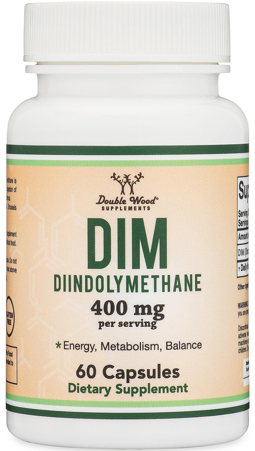 DIM Supplement for Women and Men (Diindolylmethane Estrogen Blocking Supplement, Hormonal Acne Treatment, Hormone Balance for Women) 400mg Servings, 200mg Per Capsule, 60 Capsules by Double Wood