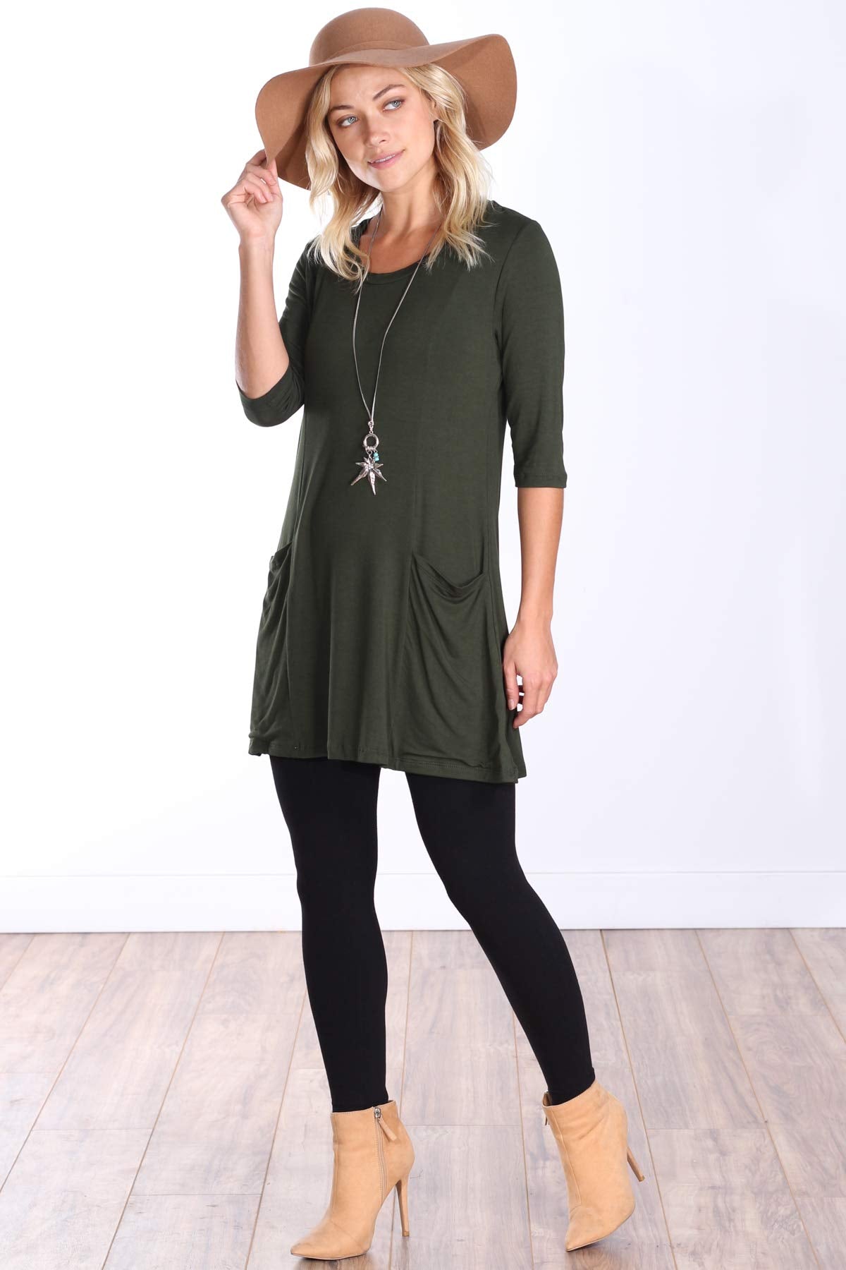 Popana Womens 3/4 Sleeve Tunic Top with Pockets for Leggings Made in USA Olive