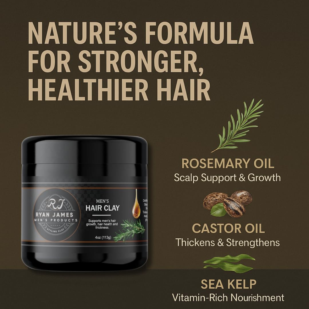 Ryan James Hair Styling Clay for Men – Premium Hair Clay with Natural Finish, Non-Greasy, Fresh Scent – Hair Strengthening & Moldable Styling Clay for Textured, Healthy-Looking Hair Made in USA