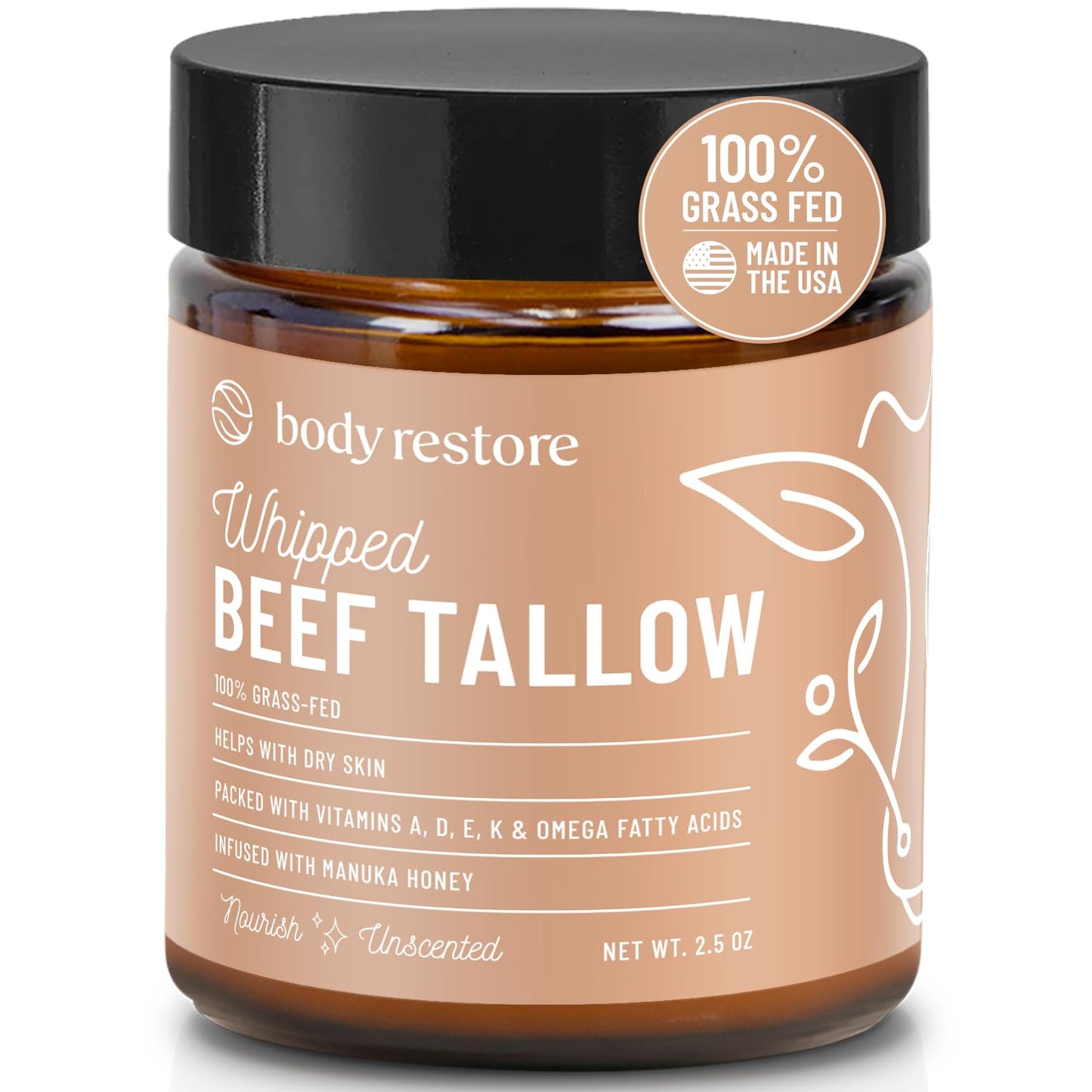 Body Restore Grass Fed Whipped Beef Tallow for Skin, Face, Body, Dry Skin - with Manuka Honey, Jojoba Oil, Birthday Gifts for Women, Men, Travel Essentials, Self Care - Unscented