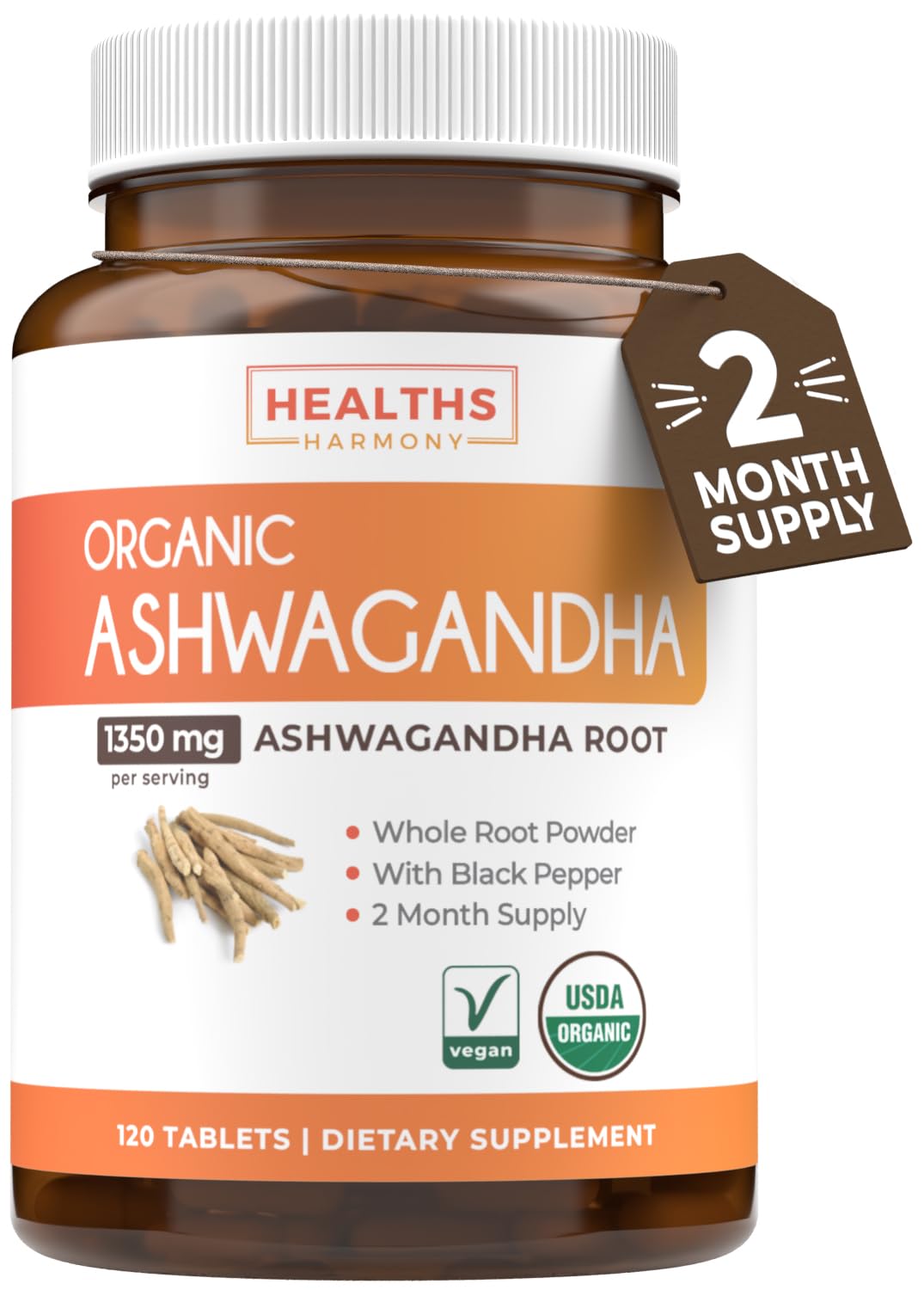 USDA Organic Ashwagandha Supplement - High Potency Ashwagandha Pills Made With Organic Black Pepper for Enhanced Absorption - Vegan Non-GMO Made in the USA & Lab Verified (2 Months Supply)