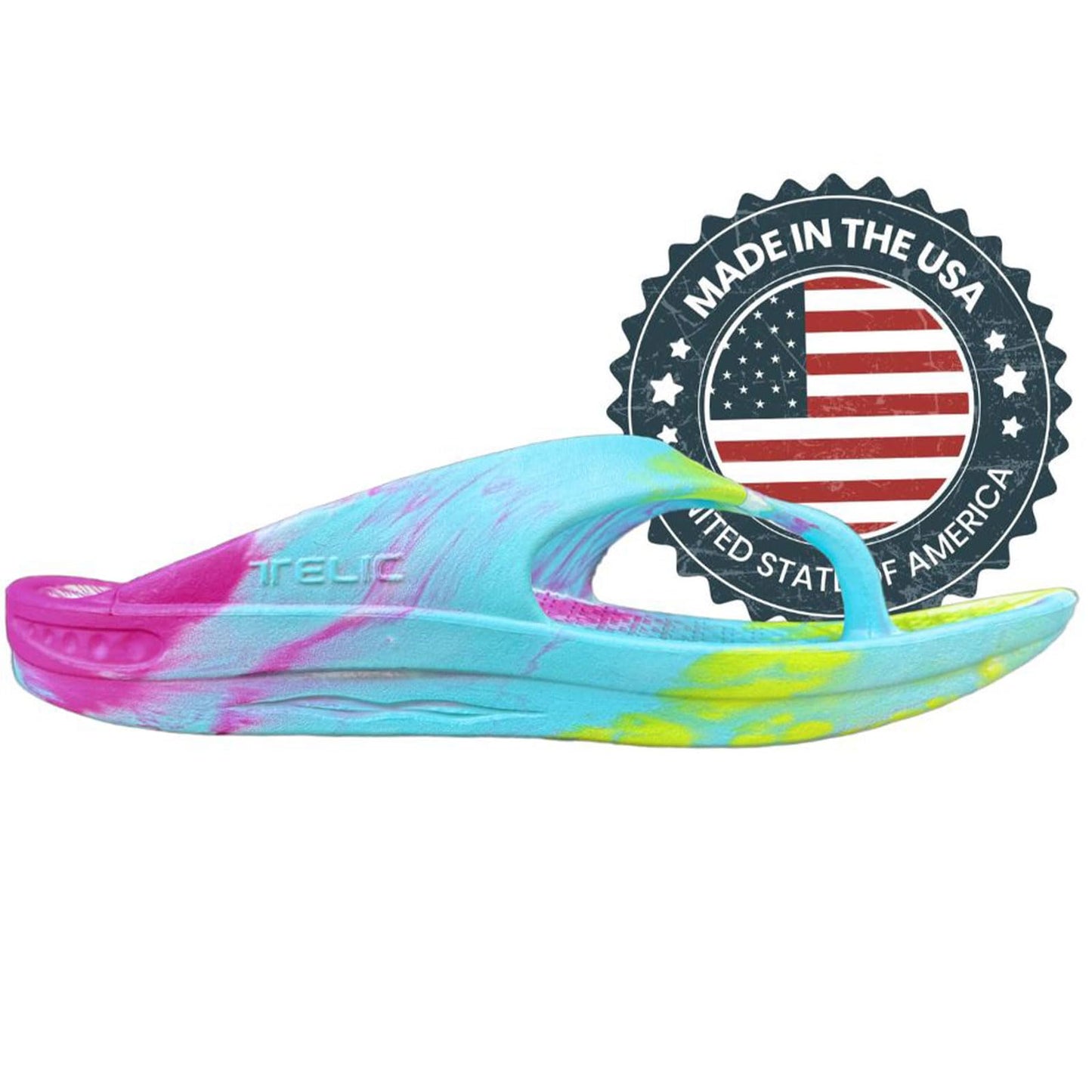 TELIC Unisex Energy Made in USA Pillow-Soft, Supportive, Lightweight, Waterproof Arch Support Flip Flops for Beach & Pool, Kaleidoscope