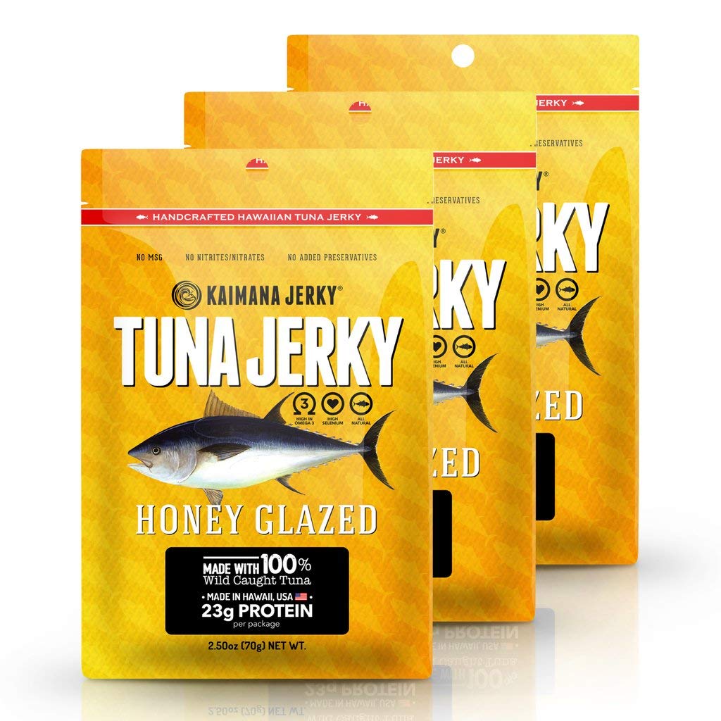 Kaimana Wild-Caught Ahi Tuna Jerky - Honey Glazed | Rich in Omega-3s & High in Protein | All-Natural & Organic Fish Jerky (3 pack, 2 oz)