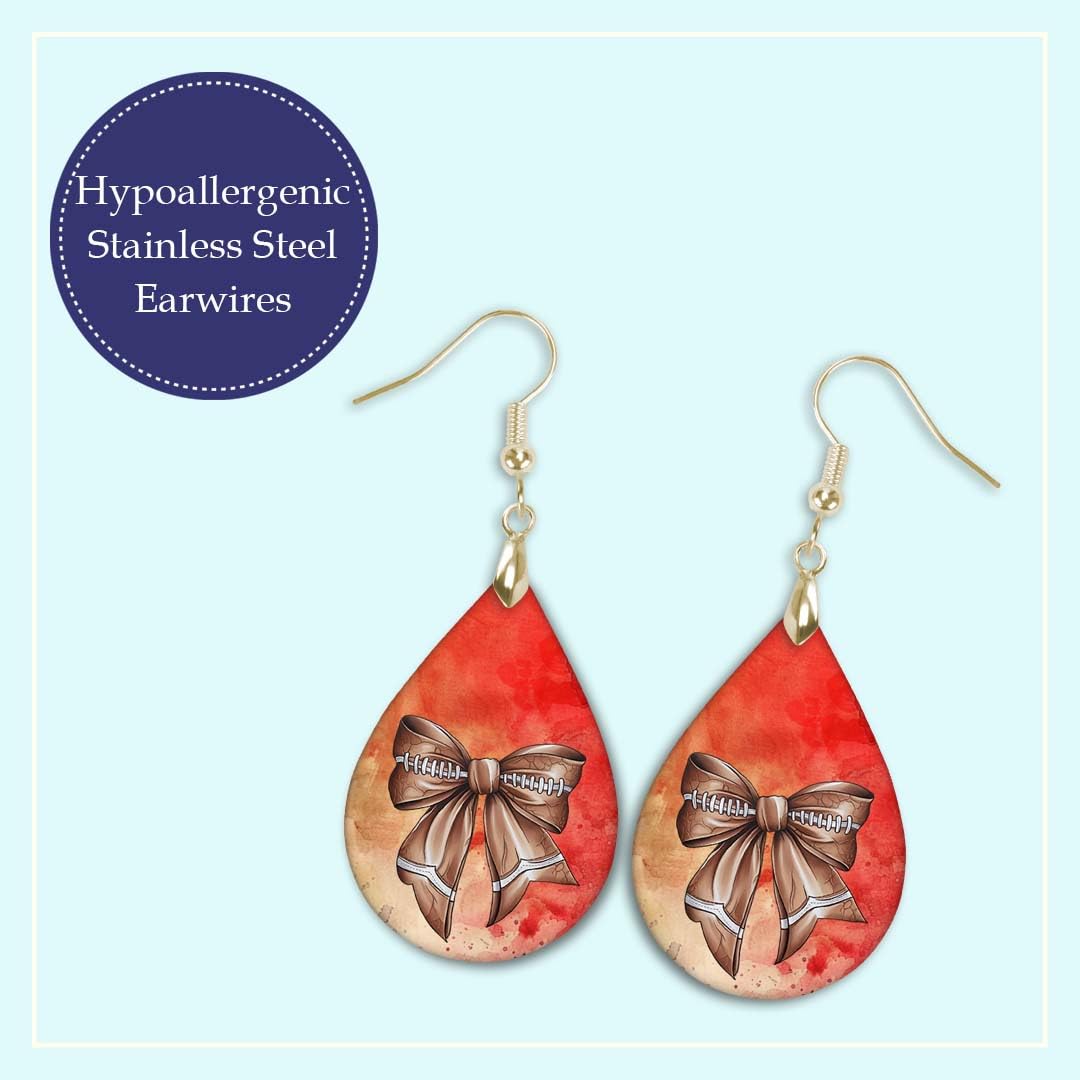Football Dangle Earrings Coquette Bow Teardrop Hypoallergenic Stainless Steel Double-Sided Design Red and Gold Handmade by The Painted Pug