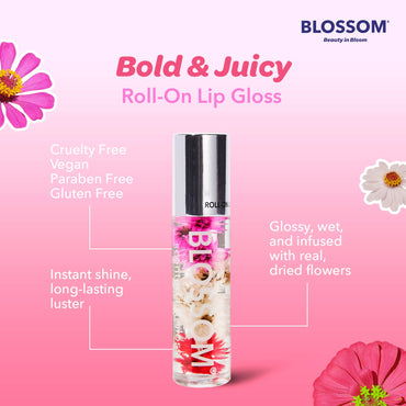 Blossom Roll on Lip Gloss, Scented Clear High Shine Moisturizing Lip Oil, Non Sticky, Infused with Real Flowers, Made in USA, 0.2oz, Cherry