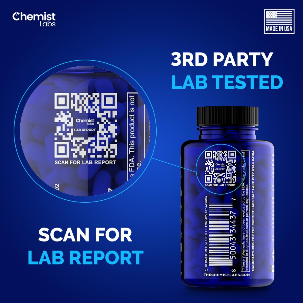 Chemist Labs Methylene Blue | 10mg USP Grade Capsules | 120 Count | Pharmaceutical Grade | Cellular & Mitochondrial Support | Formaldehyde Free | Made in USA (120 Capsules)