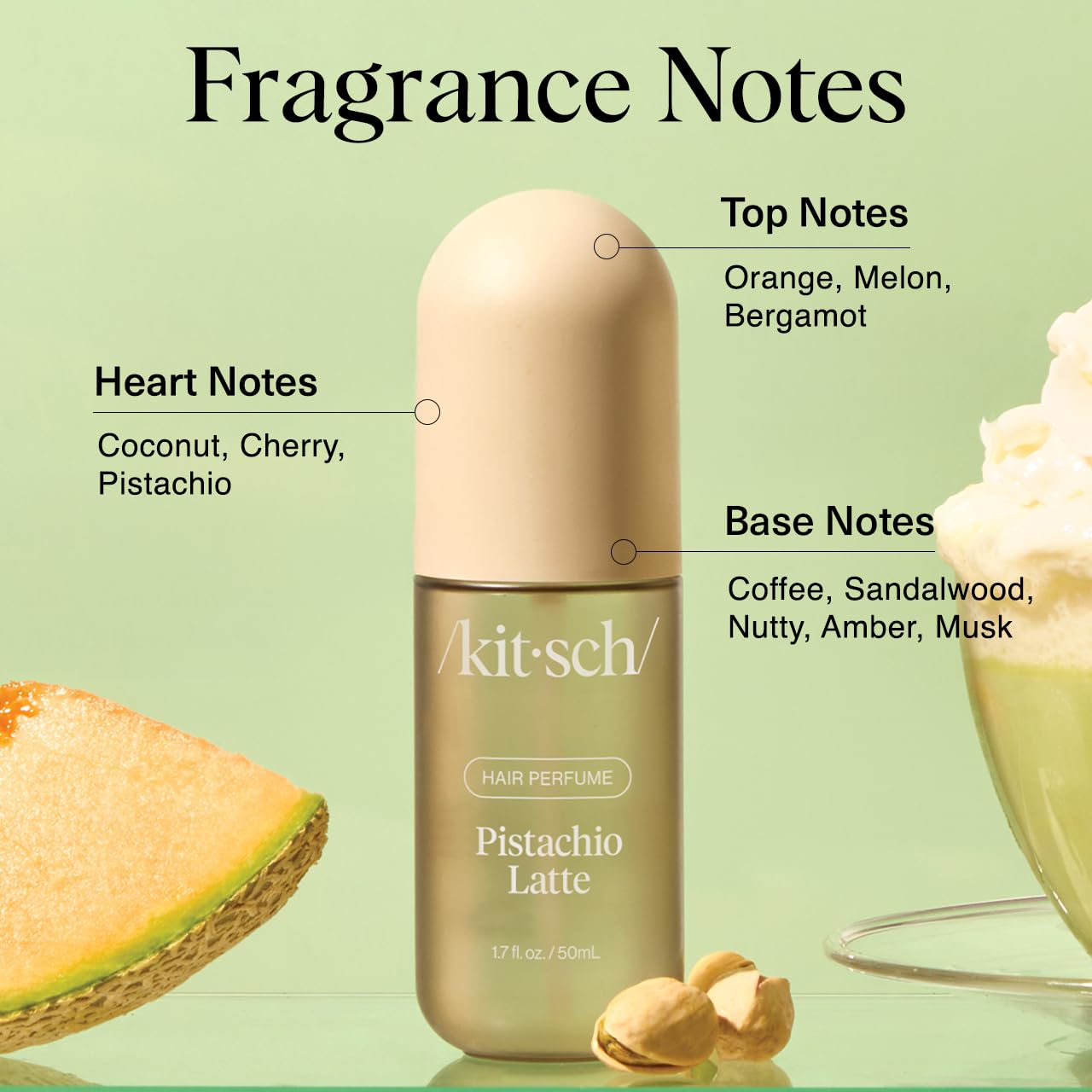 Kitsch Pistachio Latte Hair Perfume for Women - Hair Spray & Body Mist - Clean, Deodorizing & Patented Odor-Eliminating Technology - Freshen Hair, Body & Pillows - Coconut & Warm Coffee Scent - 50ml