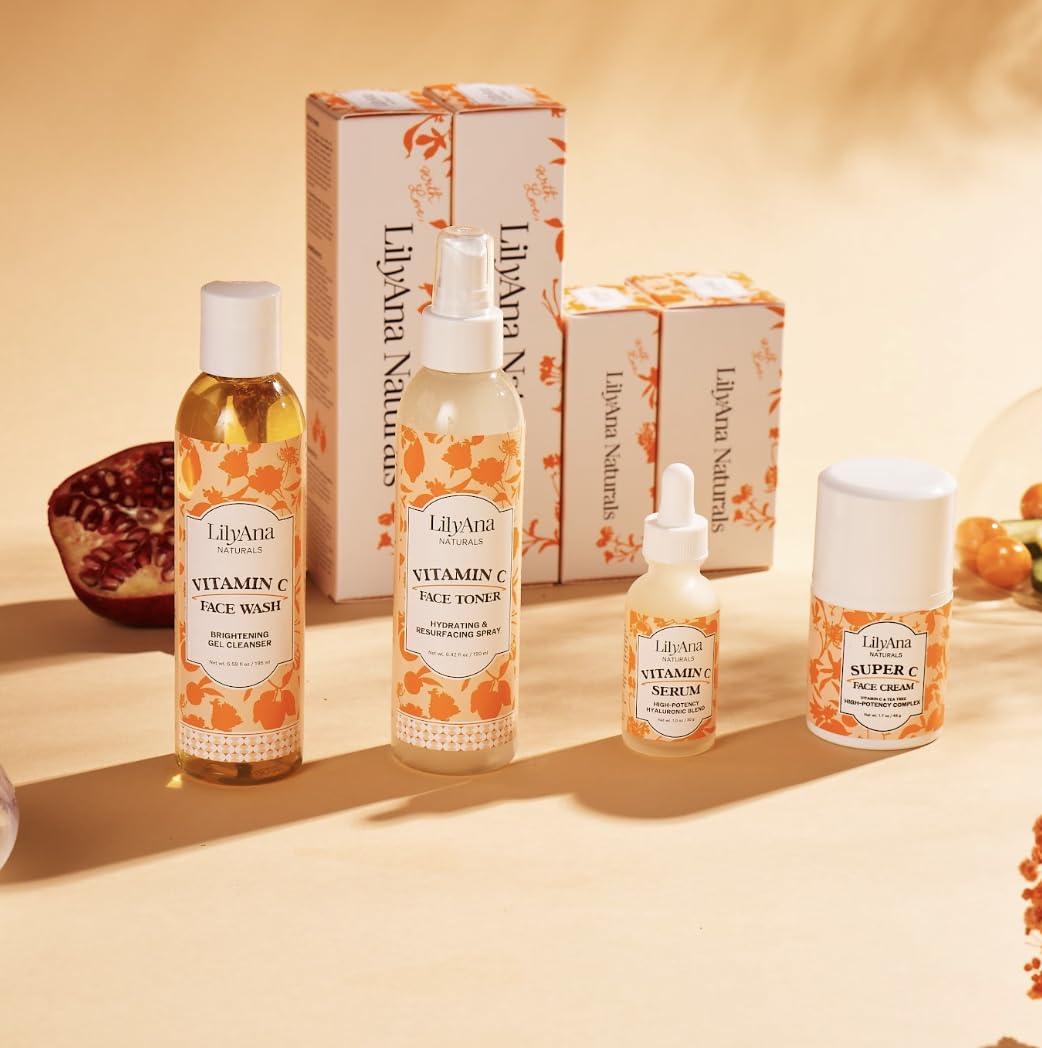 LilyAna Naturals Vitamin C Skincare Gift Set - Brightening and Anti-Aging Skin Care Products - Vitamin C Serum and Hyaluronic Acid - 4 Piece Set