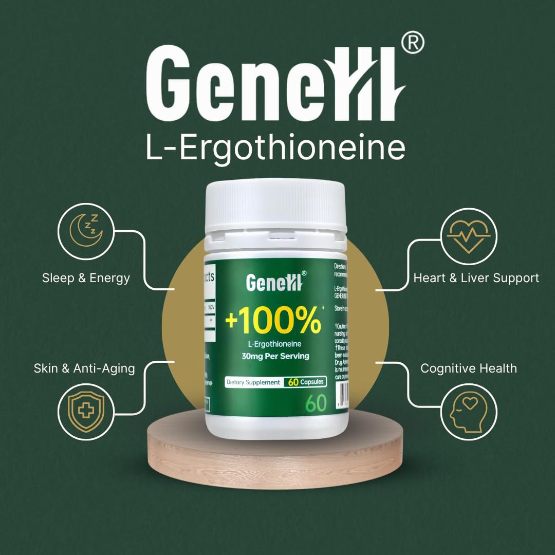 GENEIII L-Ergothioneine Supplement, 30mg(EGT)/Serving, 6X Ergothioneine Mushroom Extract Supplements Longevity, Immune Support, Heart Health & Brain Supplement, Lab Tested, Made in USA, 60 Servings